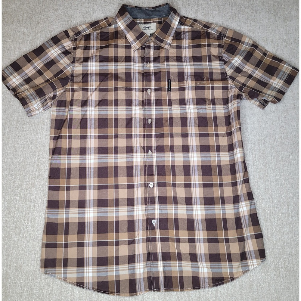 Ecko Unltd Button Up Mens L Brown Plaid Short Sleeve Collared Pocket Casualβ